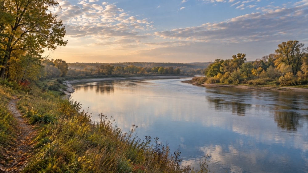 A broad river curving through wooded lowland in early autumn